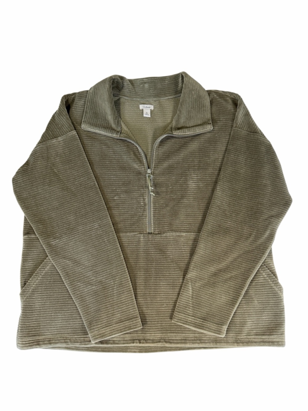 L.L. Bean Women’s Olive Green Soft Stretch Corduroy Half-Zip Pullover Velour